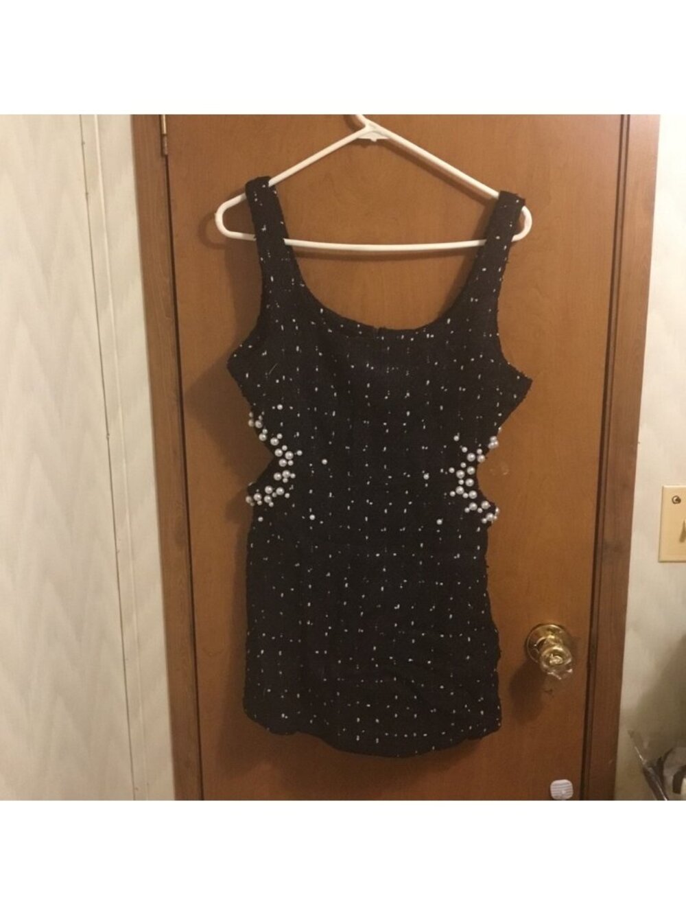Black Texture Tweed Weave Cutout Mini Dress With Faux Pearls L - Picture 8 of 16